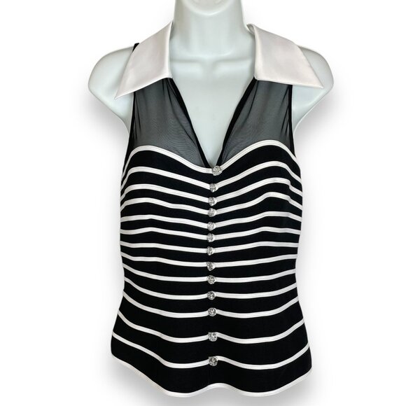 Caché Top Collared Striped Rhinestone Buttons Sleeveless Black White Sz 6 Blouse - Picture 1 of 13